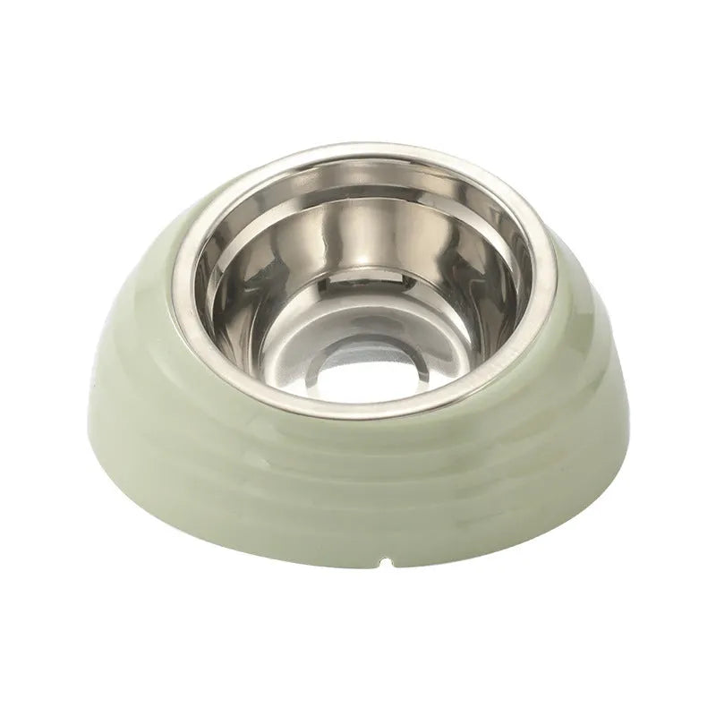 Stainless steel cat bowl with plastic non-slip base in a choice of beige, brown, or light green colours.