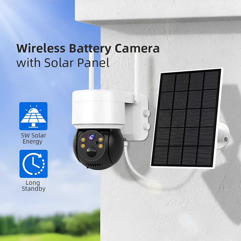 Outdoor wireless Wi-Fi surveillance camera with solar panel, 3.6mm lens, motion detection, available in black or white