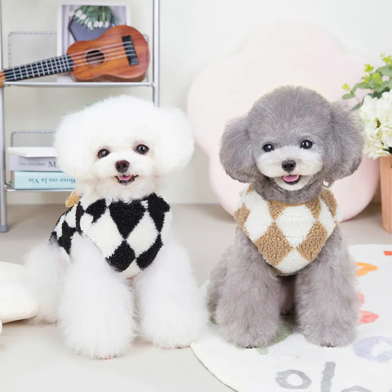Pet checkerboard vest jacket in brown coral velvet with diamond plaid pattern for cats and dogs