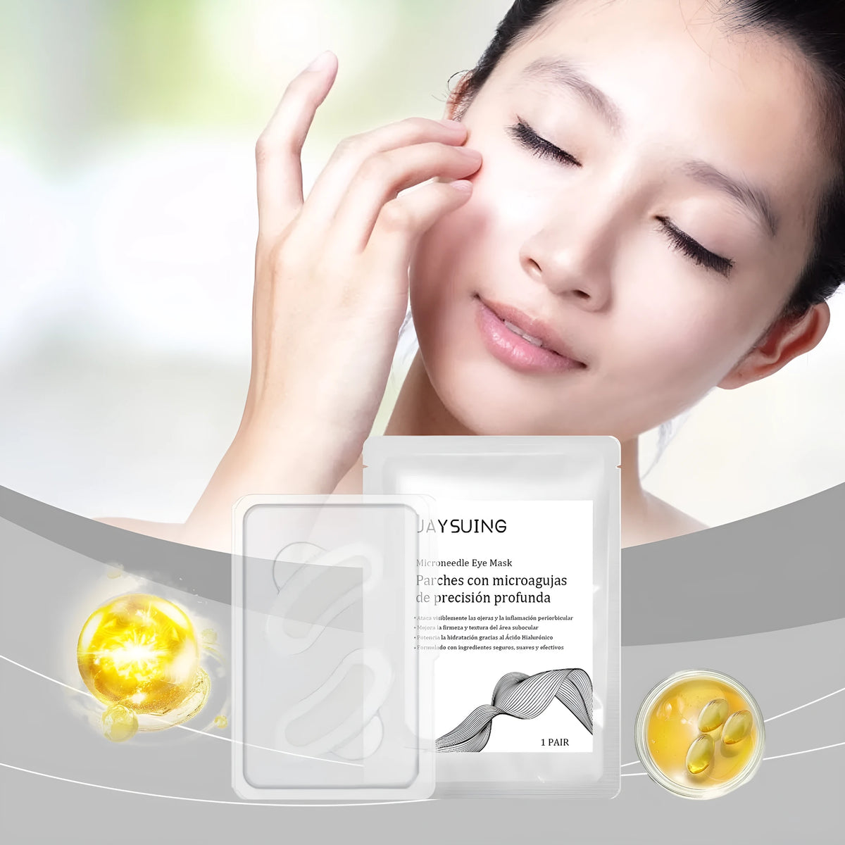 Single pair of micro needle eye mask patches for skincare application.