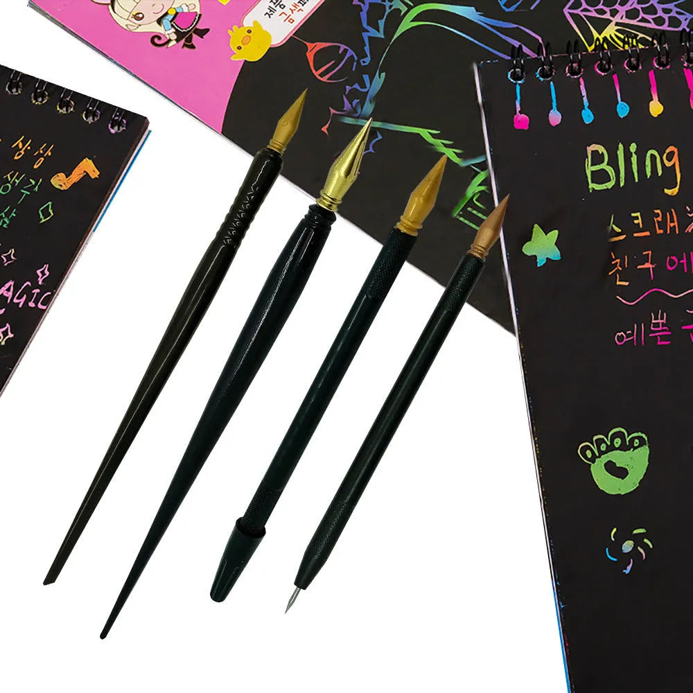 Scratch art brush and pen set for children's crafts with PS plastic construction