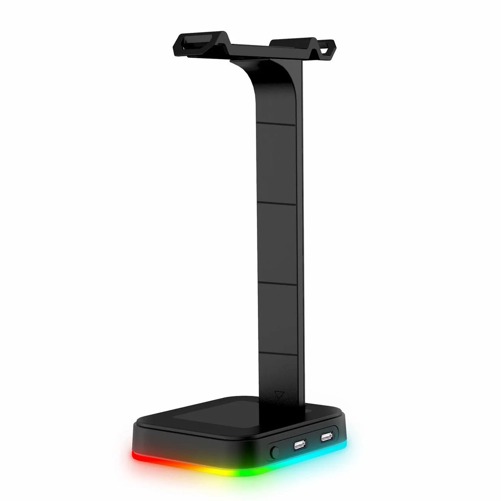 RGB colour-changing headset display bracket with integrated dual USB ports on the base.