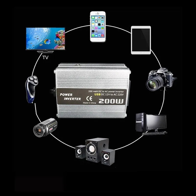 200W car inverter 12V to 110V or 220V, die-cast aluminium, 87x64x38mm, sine wave, USB port