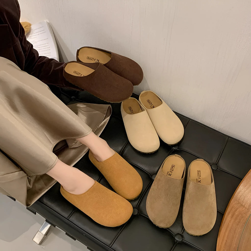 Korean style square toe flat slippers in apricot colour with microfiber upper.