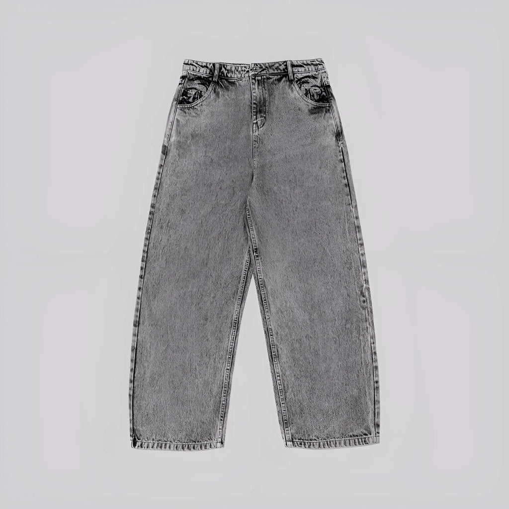 Gray loose straight-leg denim trousers with mid waist on hanger