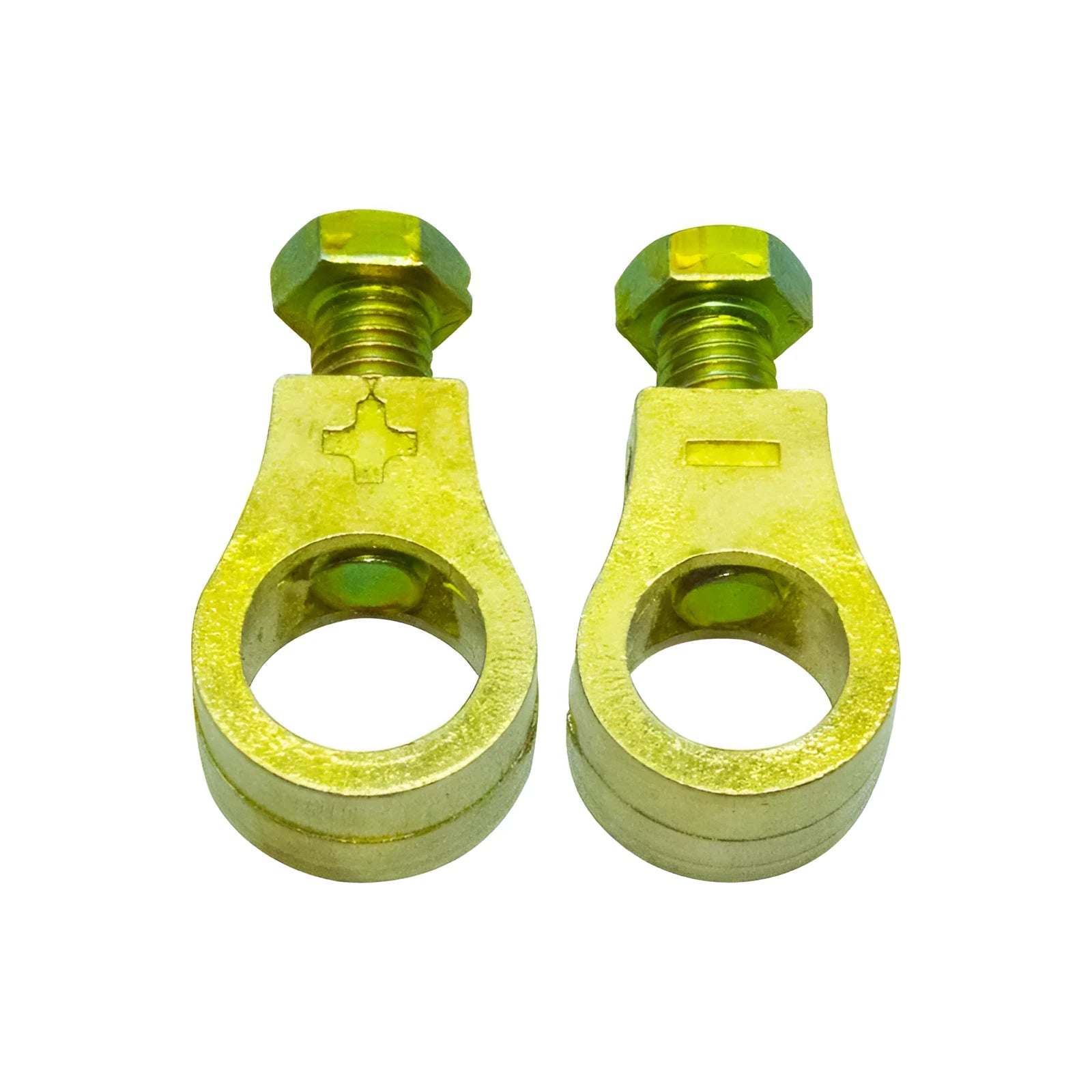 Solid copper battery terminal clamp with patented fastening clip for car battery connections.