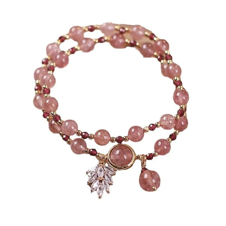 Double circle strawberry quartz bracelet women electroplated crystal flower design
