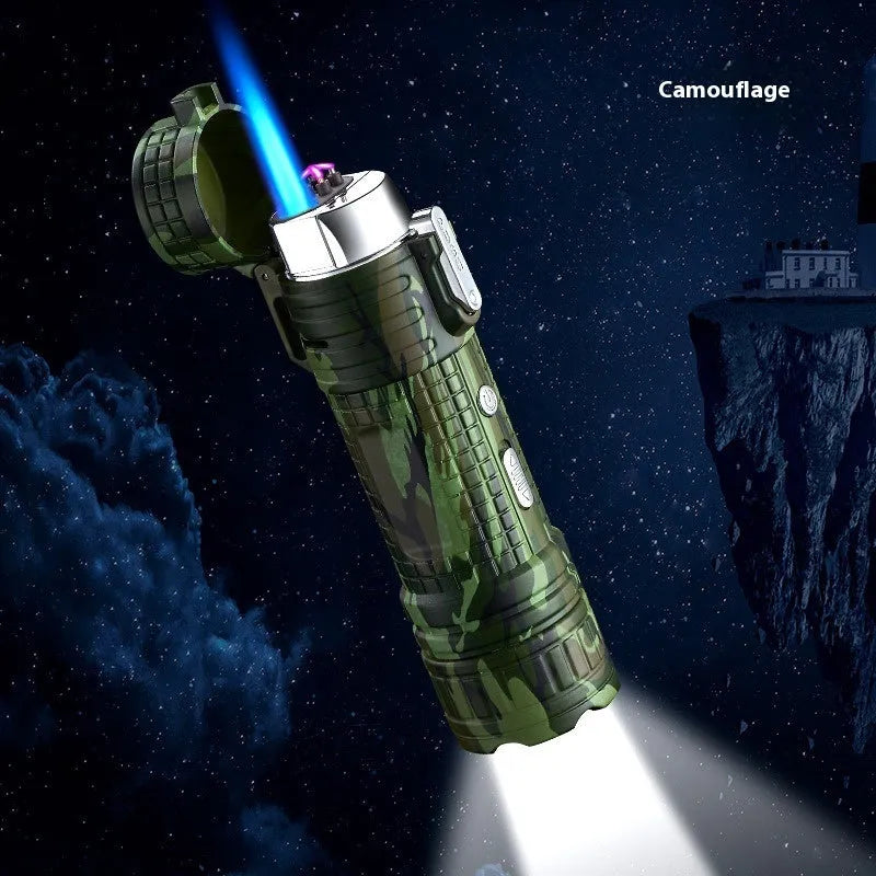 TH727 multi-function metal flashlight lighter shown in camouflage, red, black, blue, and yellow colour options.