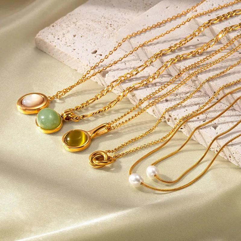 Retro stainless steel necklace with mixed gem inlaid pendant and electroplating finish in five colour options