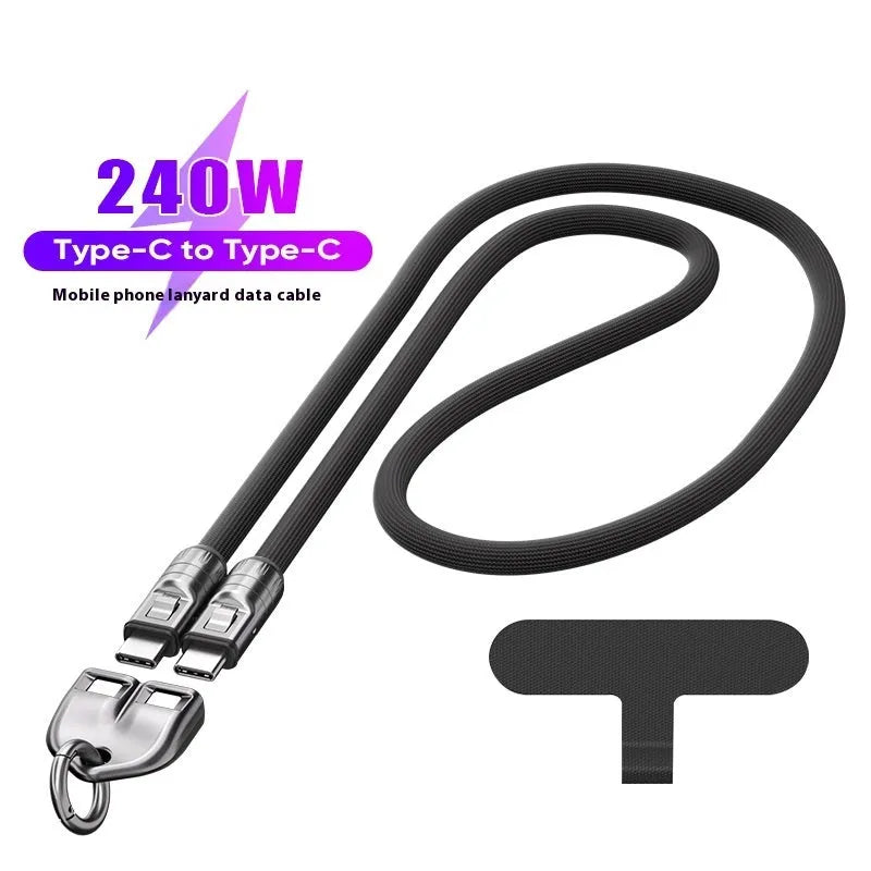 Black multi-functional type-c PD fast charge lanyard data cable with alloy connector on white background