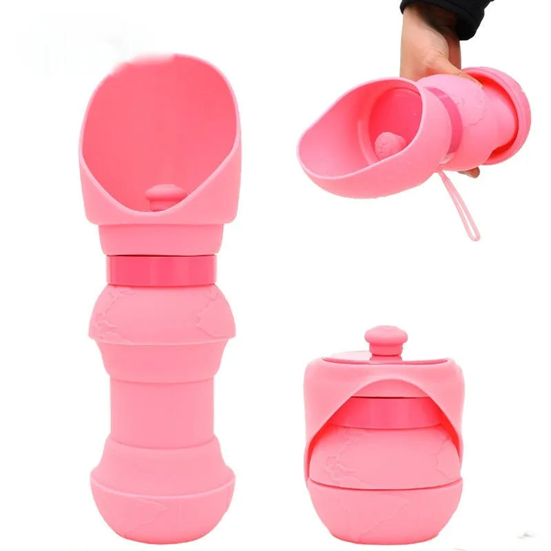 A folded flat and an unfolded silicone pet water cup in various colours including pink, black, and pineapple designs.