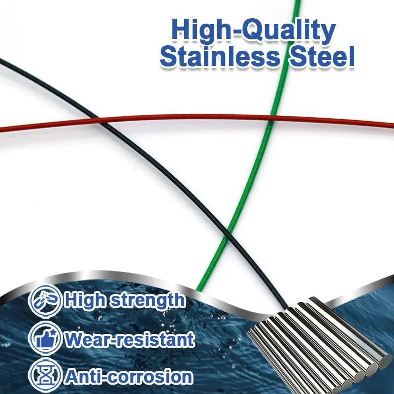 Green, black, and red steel wire fishing tackle accessories with double buckle pins, each 54cm long.