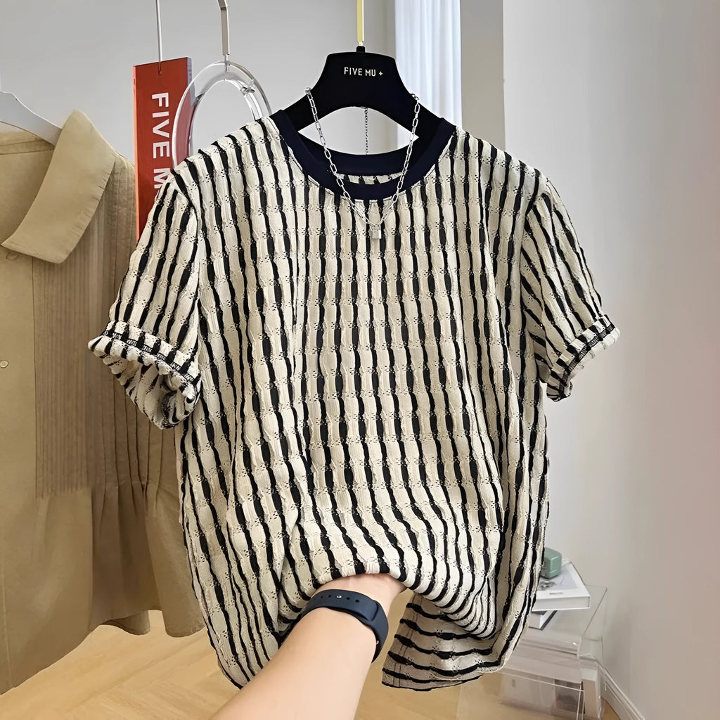 Black striped men's casual loose short sleeve shirt made from silk and linen blend fabric