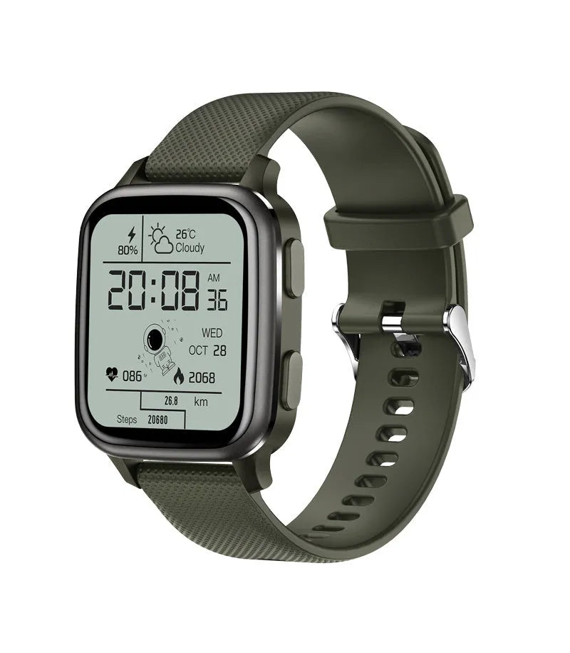 Smart bracelet fitness tracker with aluminium alloy case on wrist, showing heart rate data on screen.