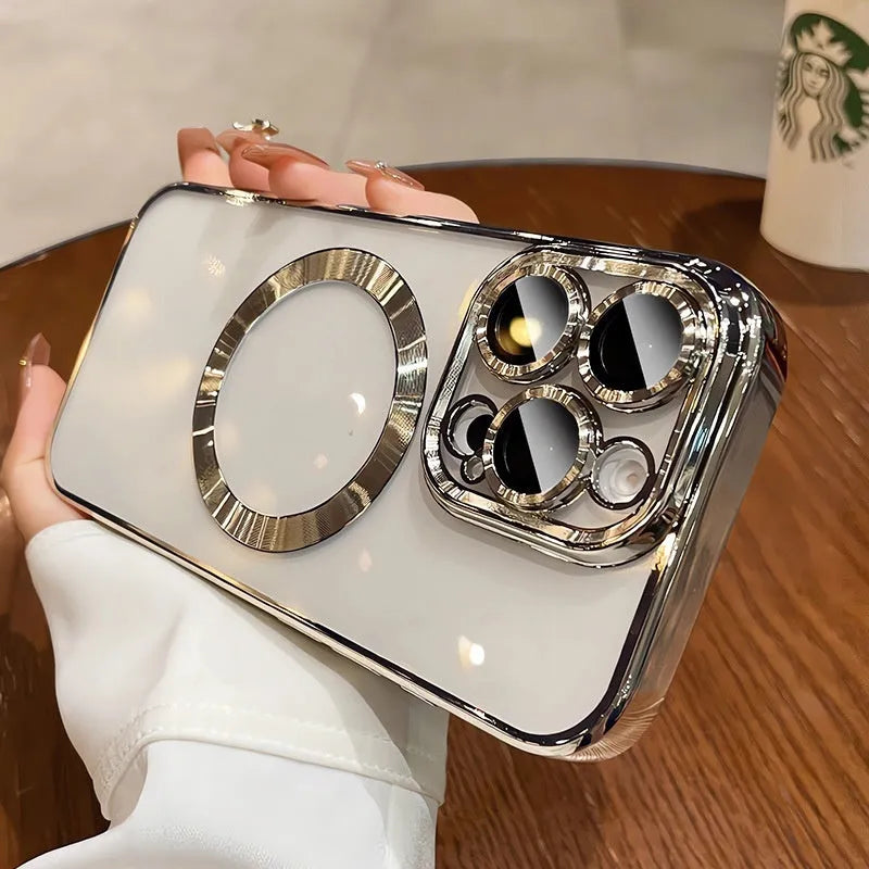Electroplated TPU MagSafe phone case for iPhone in Desert Gold, silver, black, pink, far peak blue, dark purple, dark blue, or cangling Green.