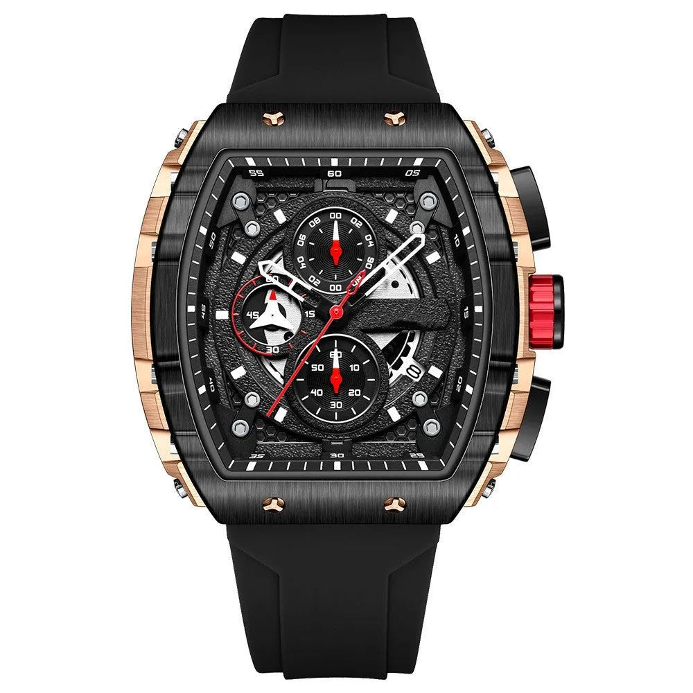 Curved mirror gradient hollow men's quartz watch with calendar, 33.38mm dial, silicone strap, black face