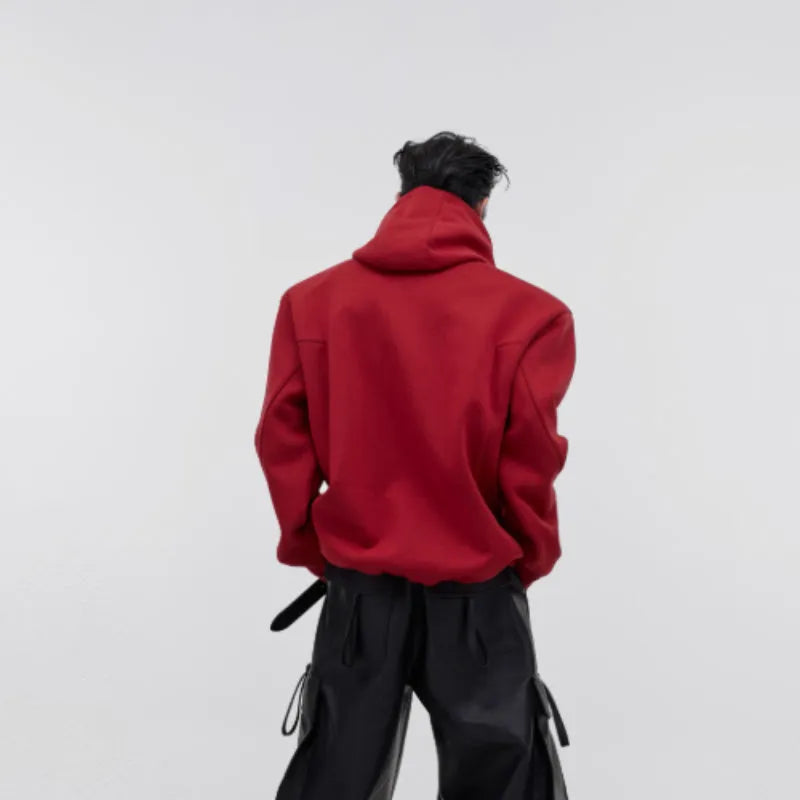 Men's loose fit hooded sweater with metal-effect printed graphic in red.