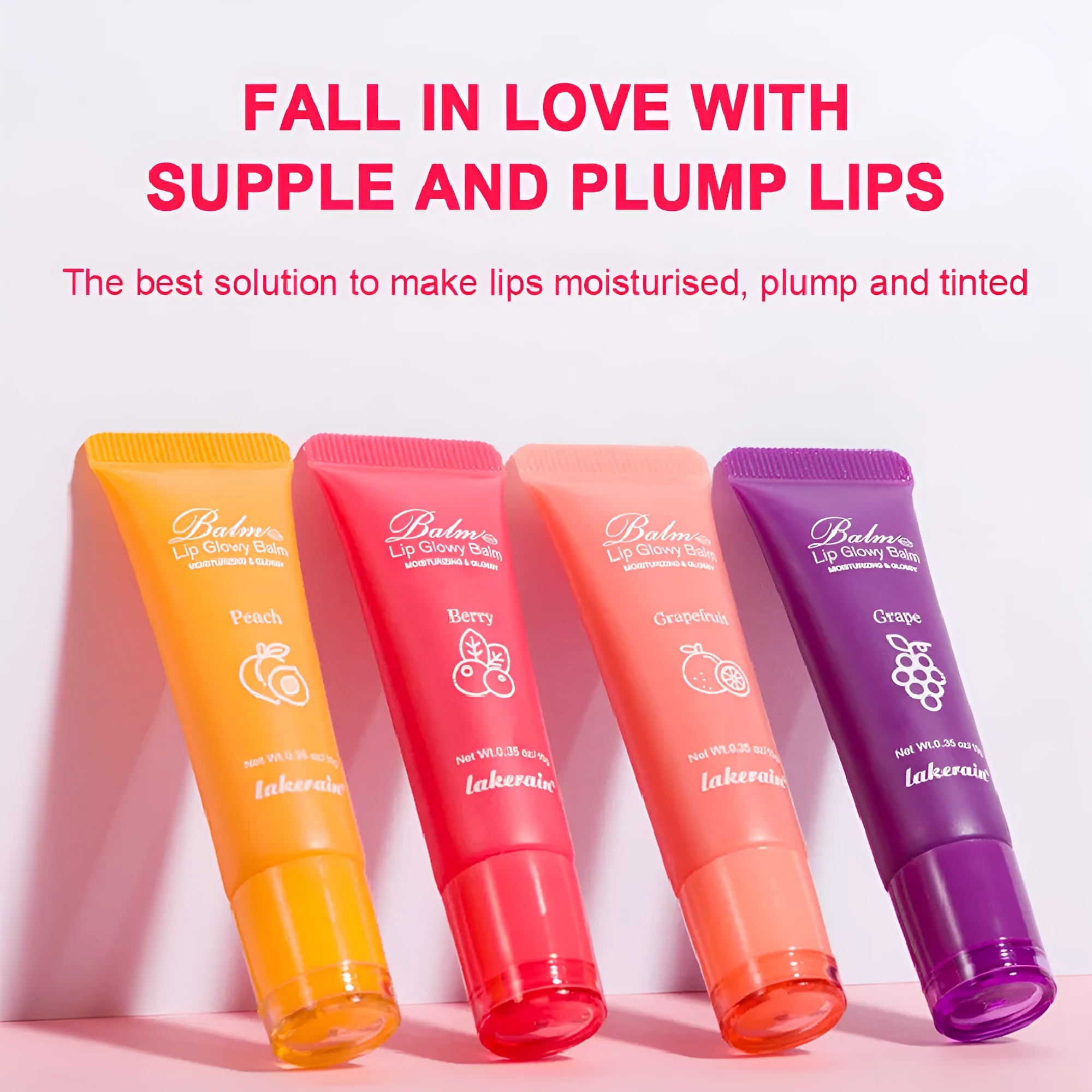 Women's lip gloss set in four fruit flavours: yellow peach, berry, pomelo, and grape.