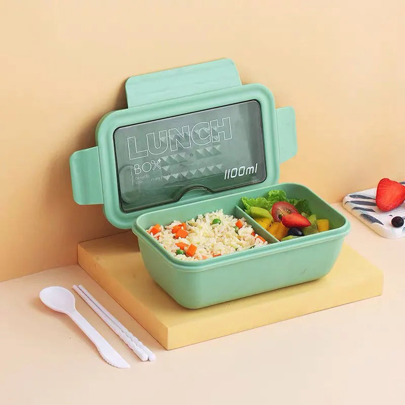 Four-layer partitioned plastic bento lunch box with Nordic design in green, red or yellow colour options