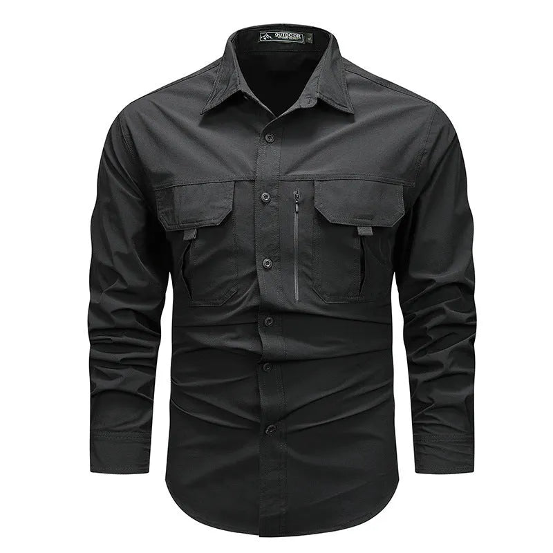 Men's long-sleeved solid colour casual shirt in khaki, regular fit, nylon-blend fabric