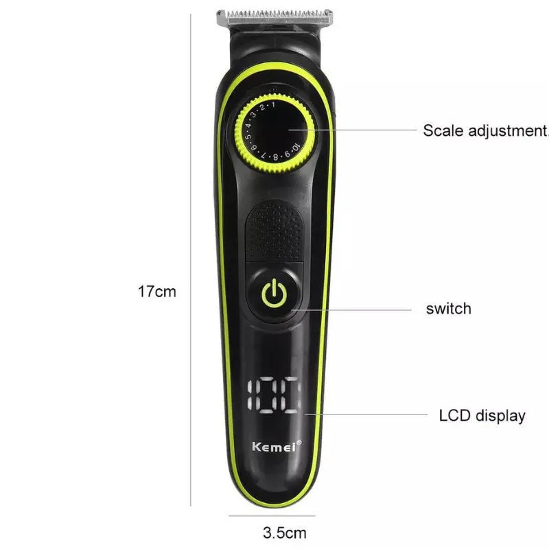 Black KM-696 rechargeable electric hair clipper set with USB cable and stainless steel blades.