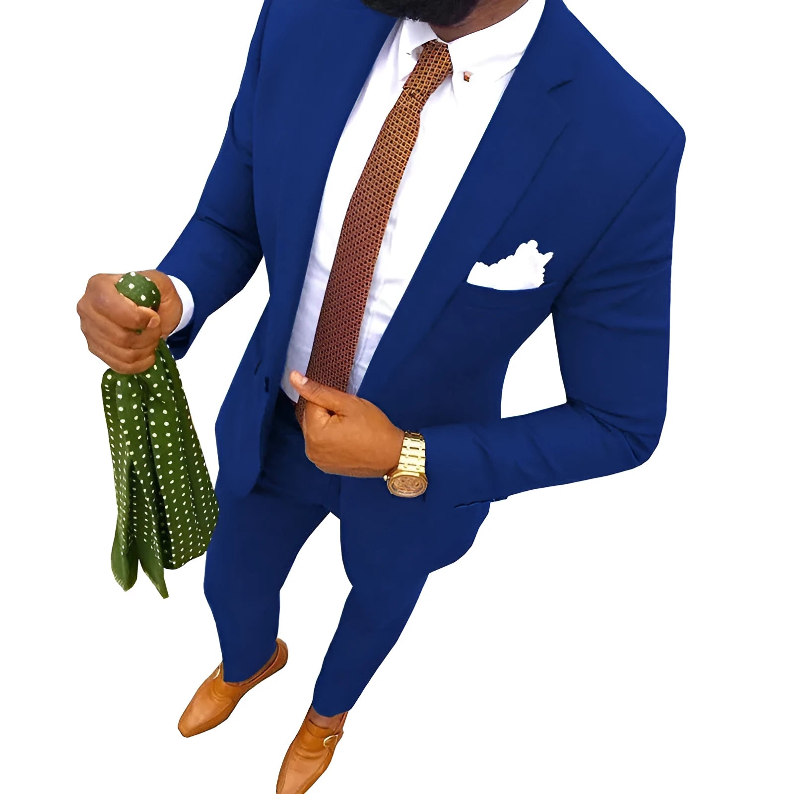 Men's two-piece cotton suit jacket and trousers available in multiple colours.