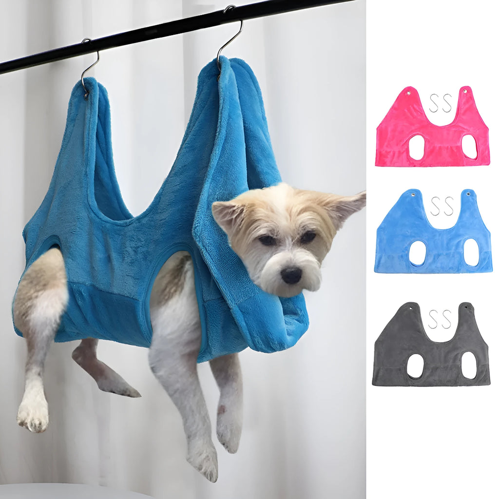 Pet grooming hammock in blue double-layer flannel fabric with reinforced grommets on a white background, available in three sizes