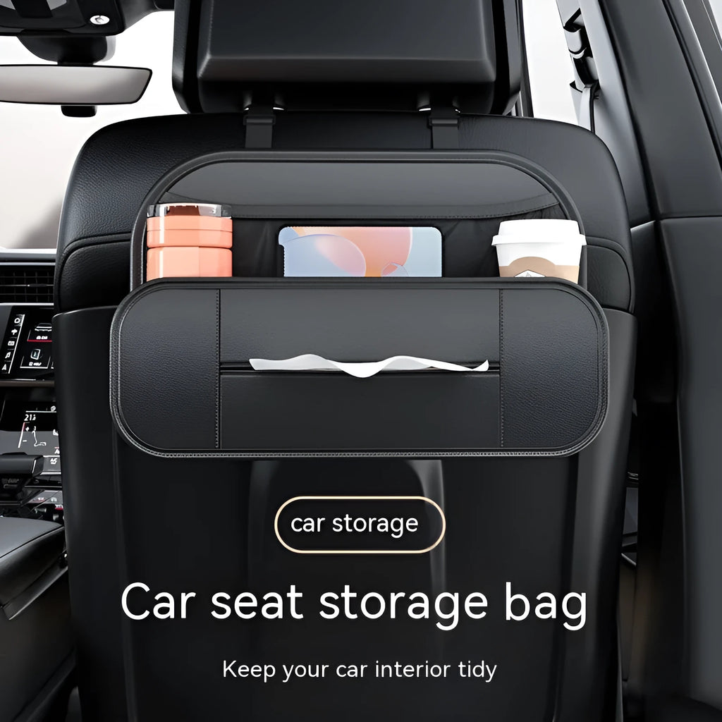 Black leather car seat rear storage bag with compartments, shown mounted on a car seat.