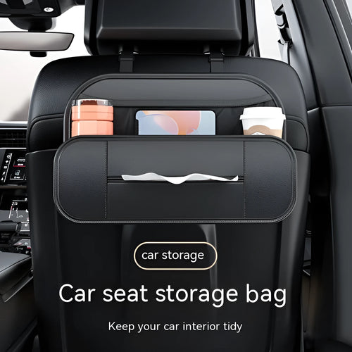 Black leather car seat back storage bag showing dimensions and customisable compartments