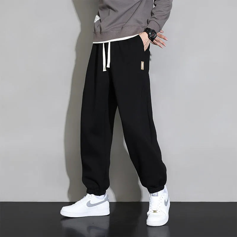 Men's loose fit solid colour cotton blend sports trousers with drawstring elastic waist in Gray, Black, Army Green, sizes M to 8XL