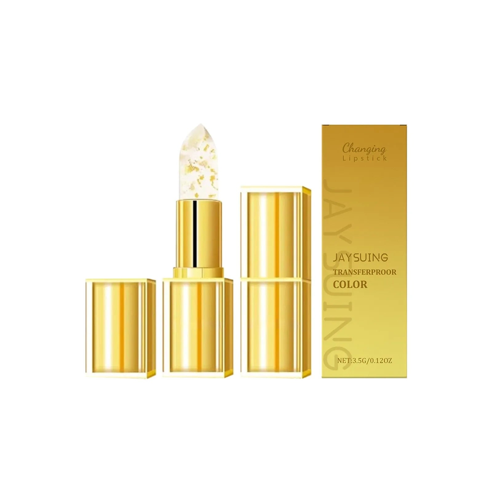 Gold foil discolorating nourishing lipstick in a sleek case, 3.5g net content.