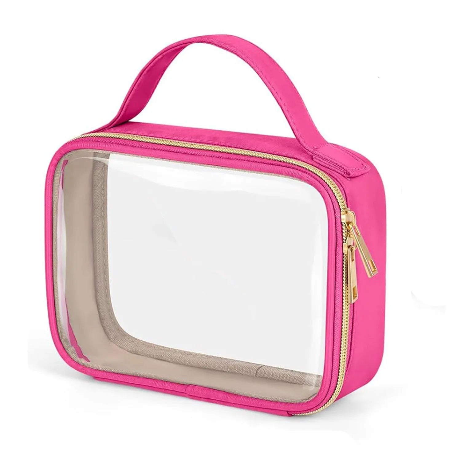 Transparent PVC makeup organiser bag with chain handle in assorted colours on a plain background.