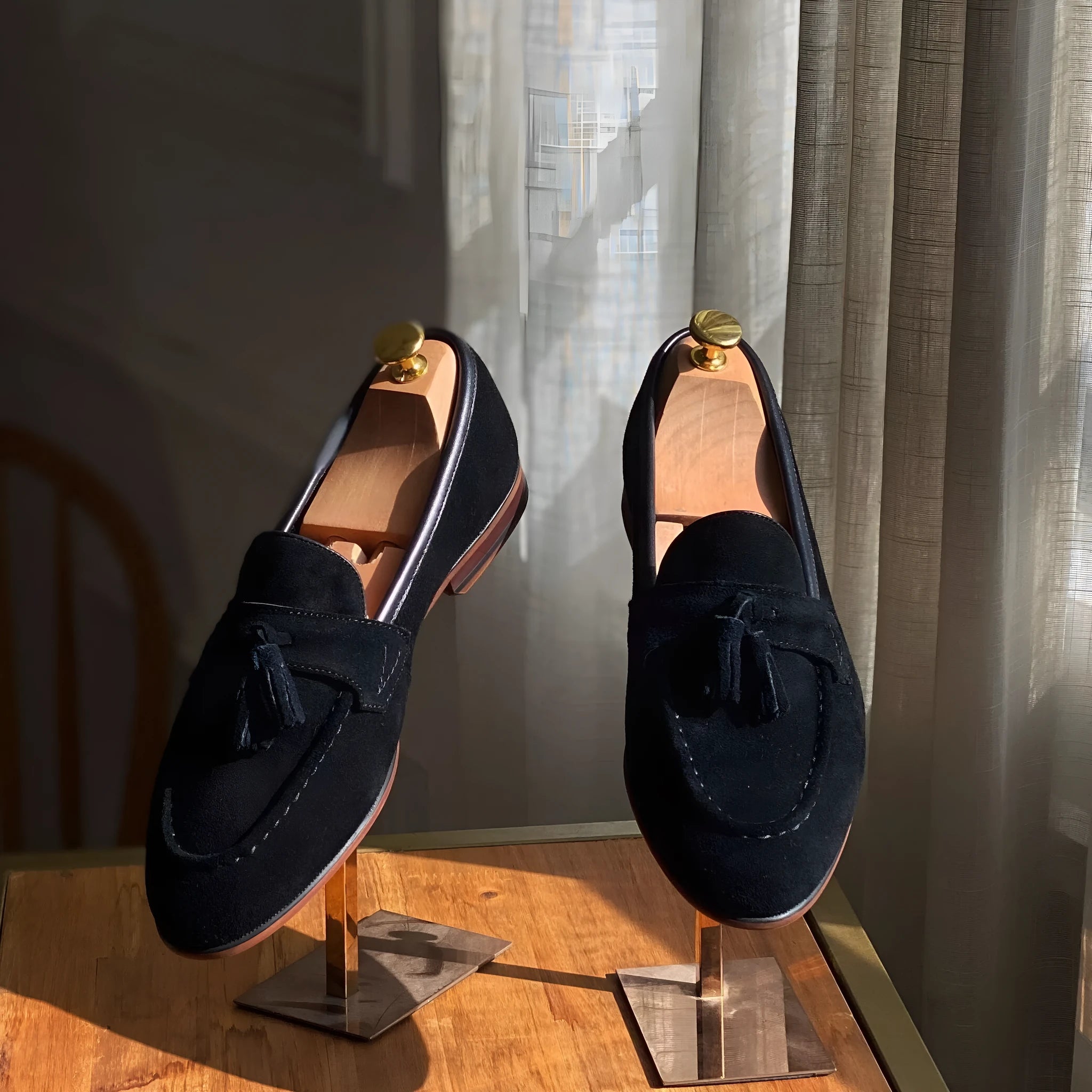 Men's square cowhide suit shoes in black, genuine first layer leather upper, slip-on closure, side view