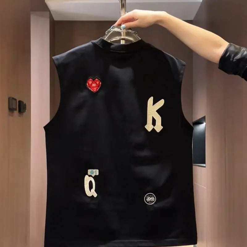 Men's black cotton sleeveless vest t-shirt with a cartoon graphic print, shown on a hanger.