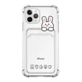 Transparent cartoon-design TPU iPhone case with a built-in card holder slot on the back.