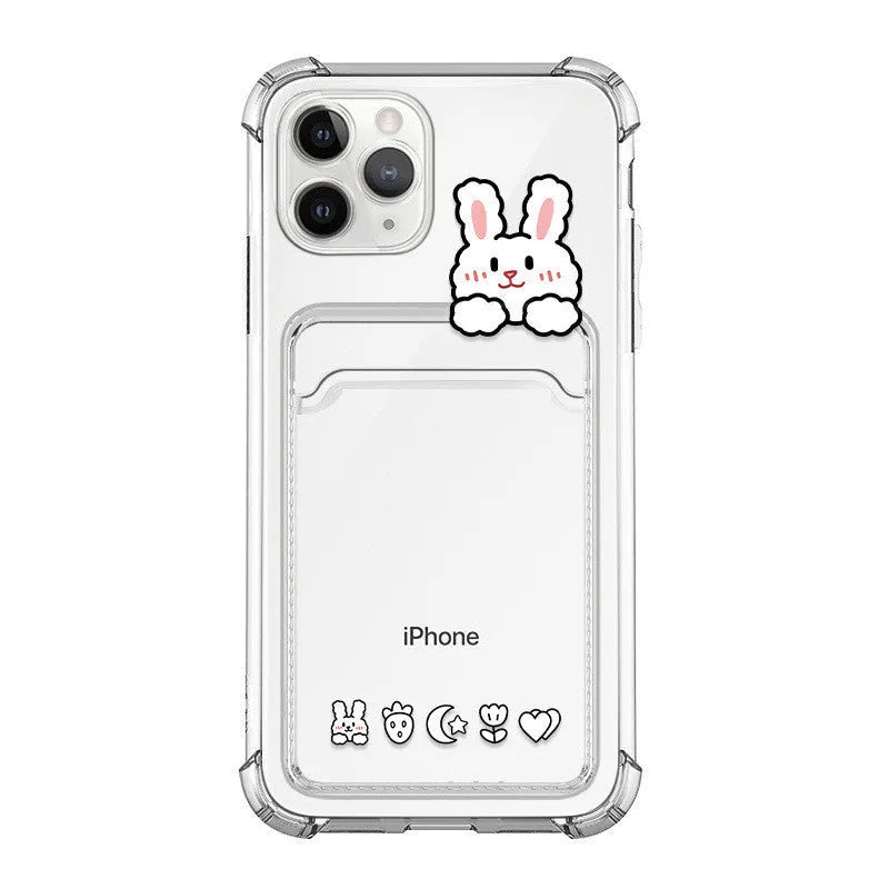 Transparent cartoon iPhone case with card holder slot on the back.