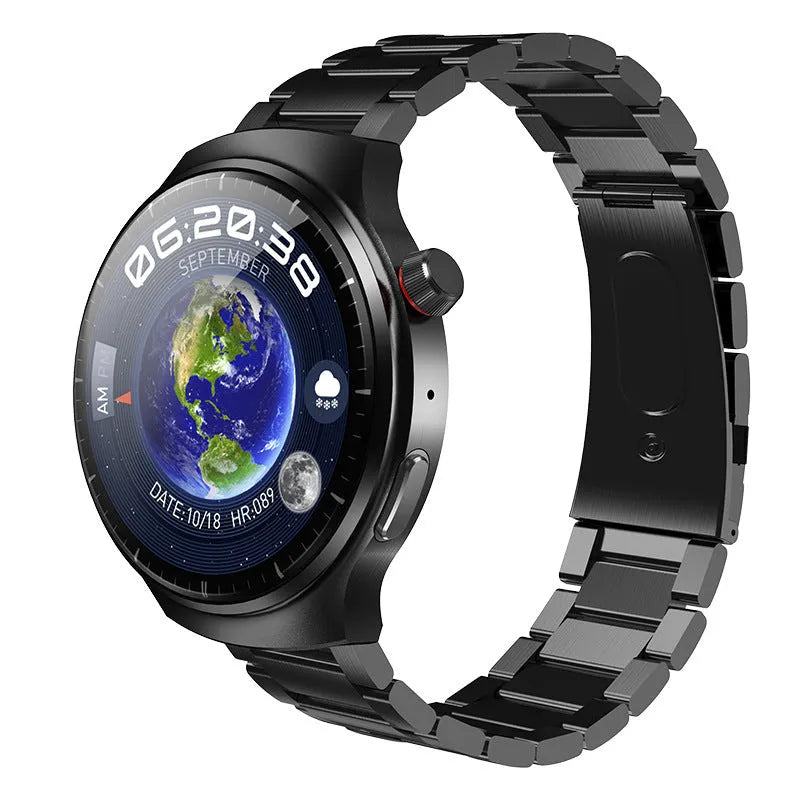 Smart watch showing blood pressure measurement and camera function with Bluetooth connectivity in black