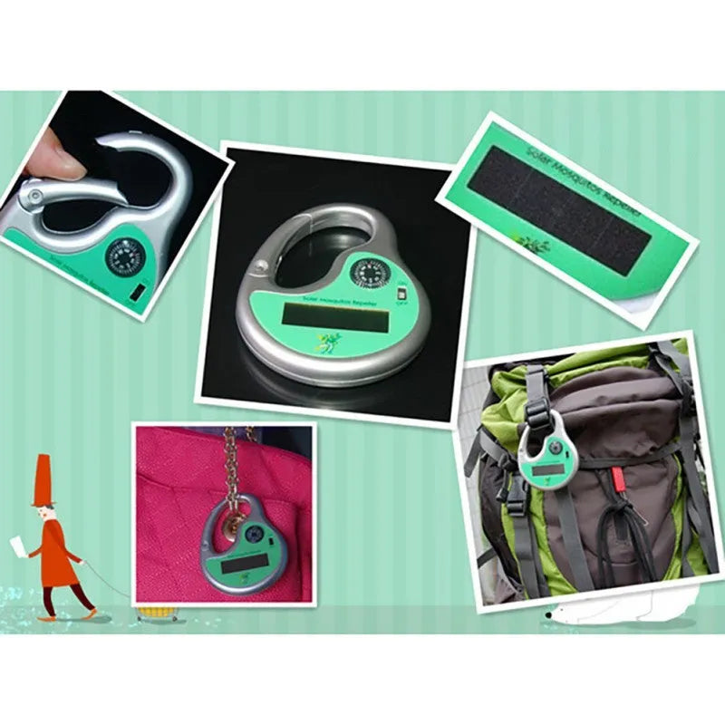 Green portable solar ultrasonic mosquito repellent on grass with sunlight charging