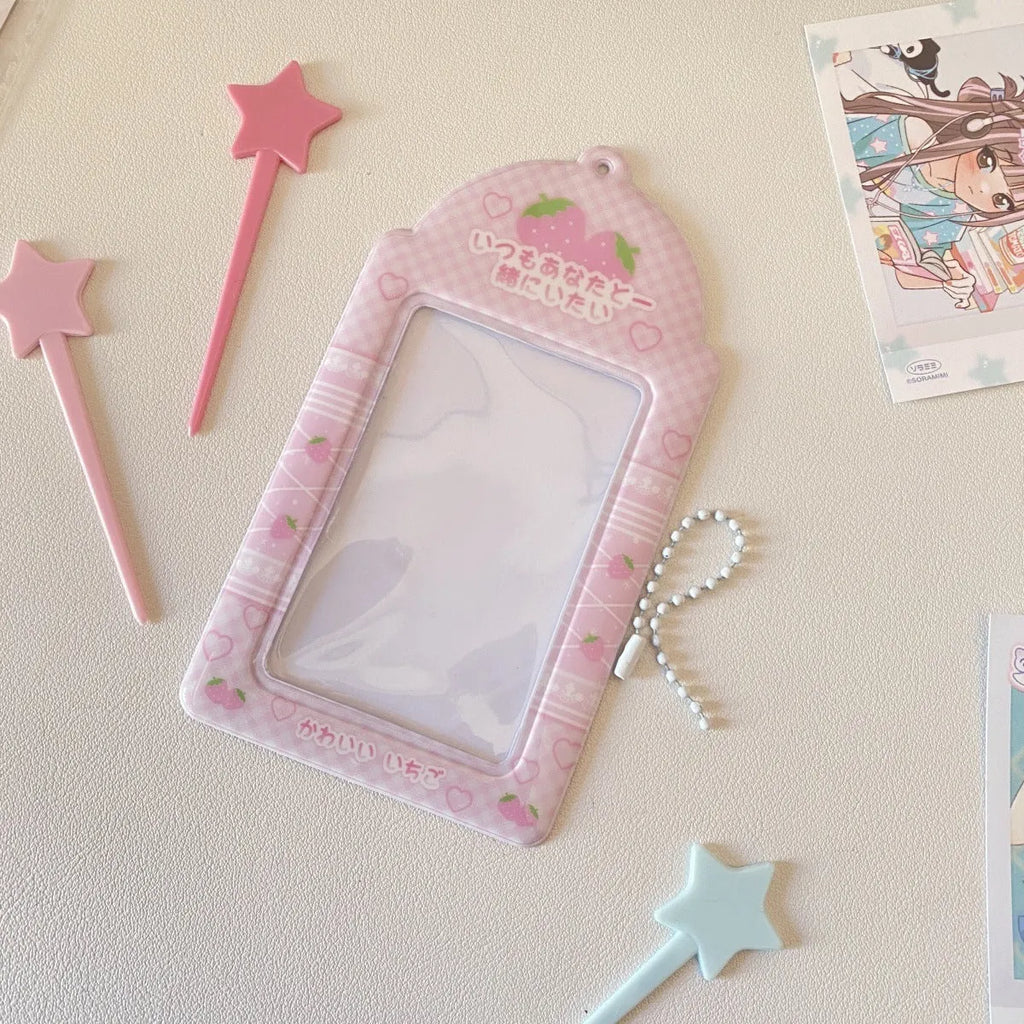 Plaid strawberry cartoon design PVC card holder measuring 7.6 by 13.6 centimetres.