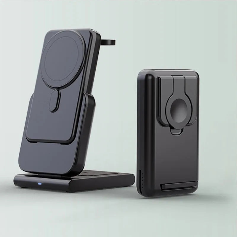 Black magnetic three-in-one power bank with folding bracket charging iPhone 12, Apple Watch, and AirPods case