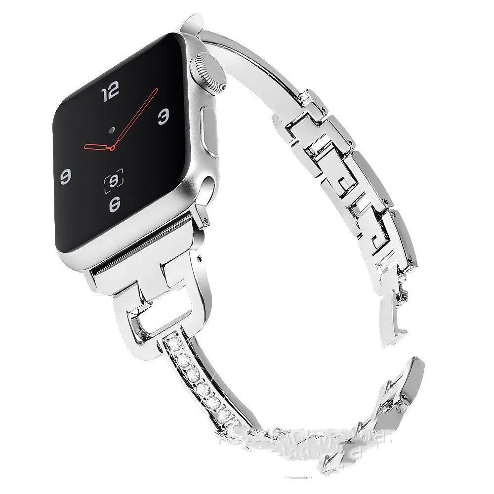 Apple Watch compatible smartwatch with D-shaped metal diamond strap in multiple colour options