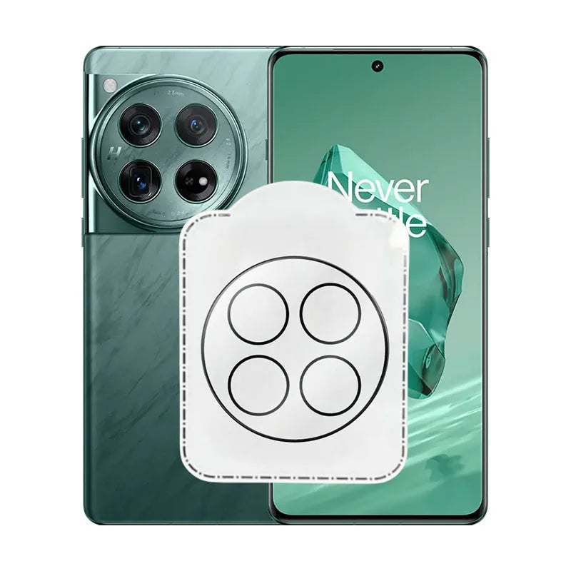 Tempered glass lens protector for OnePlus 12, Find N3, and OnePlus 11 front camera with black ring.