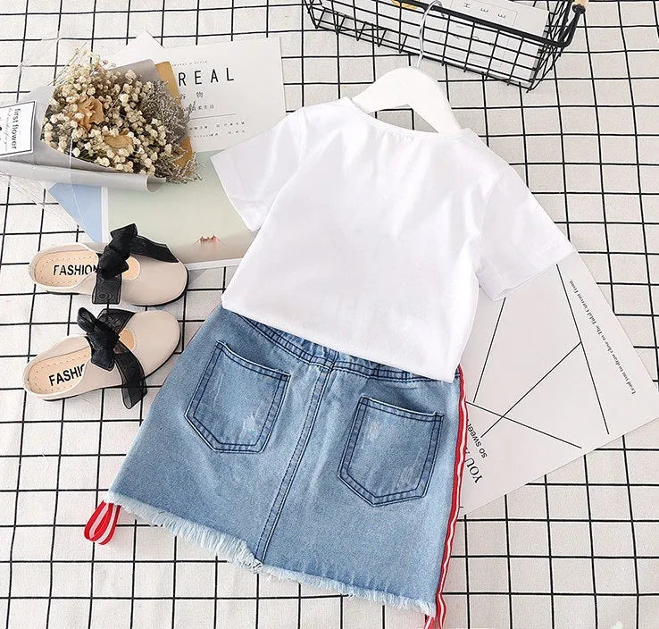 Girls 2 piece outfit with white t-shirt and denim skirt, black or red letters, sizes 100cm to 140cm
