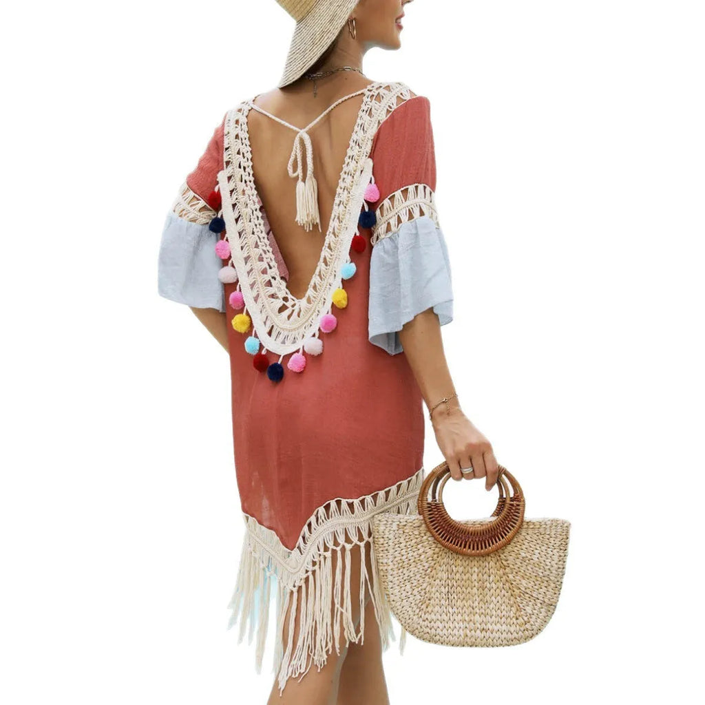 Orange floral beach overskirt with hand-crochet tassel trim