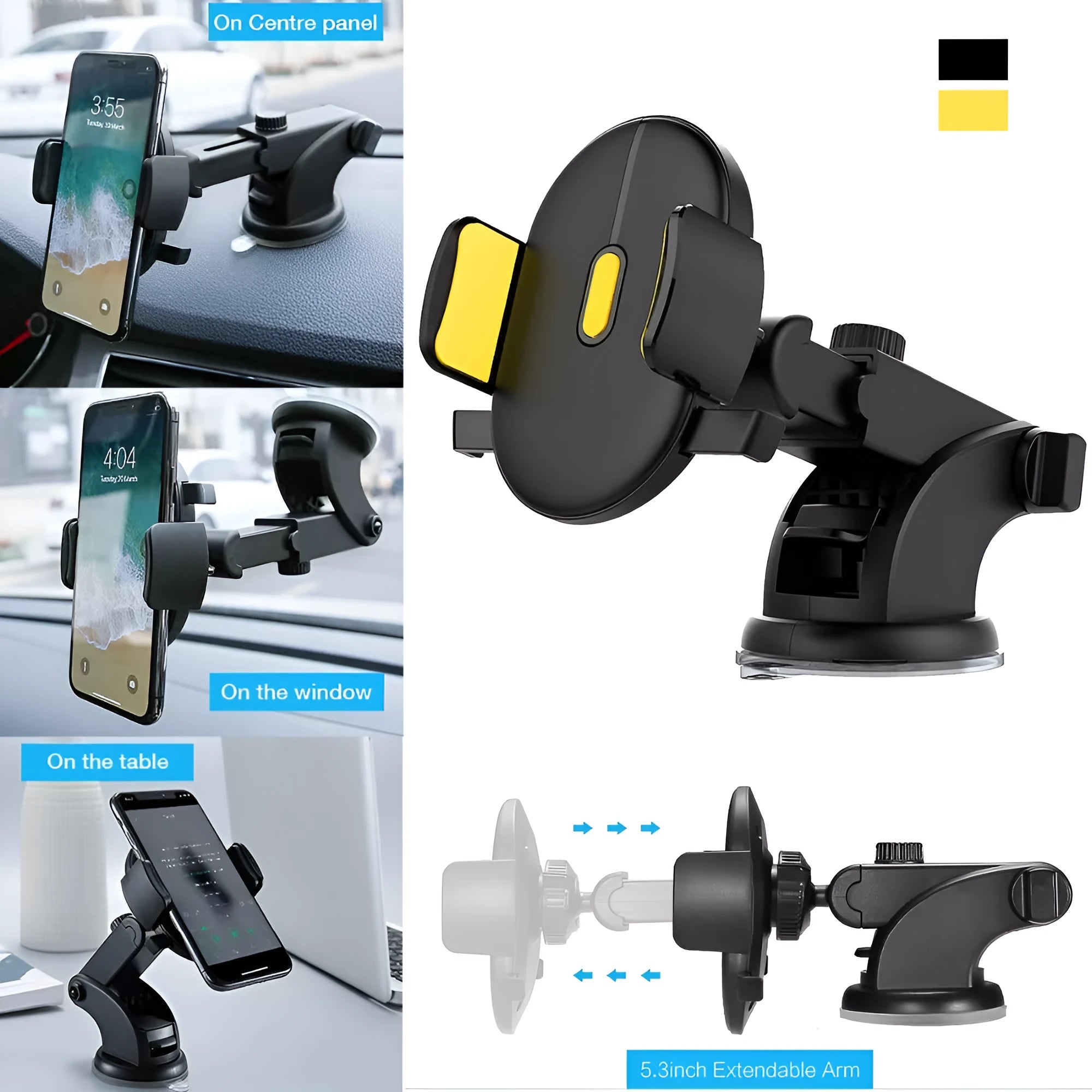 Yellow and black telescopic car phone holder with suction cup mount extended on a dashboard.