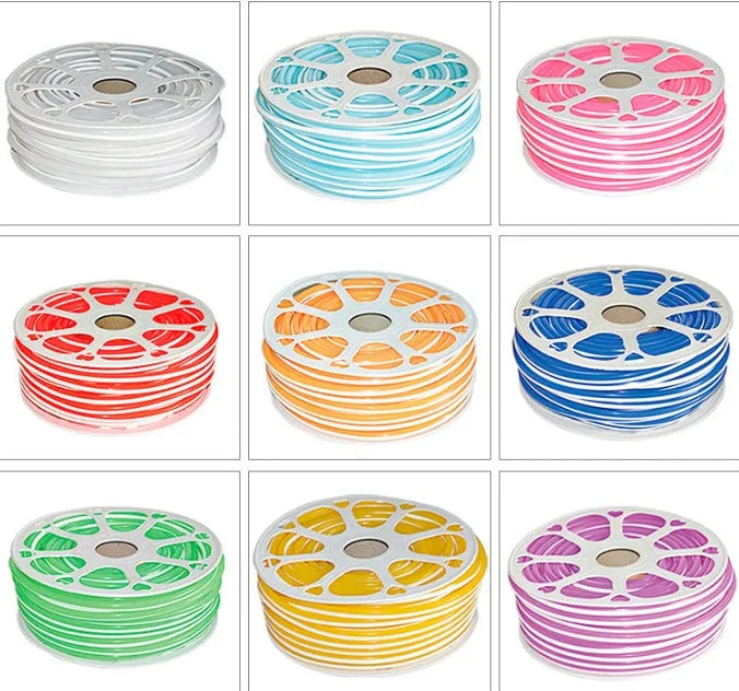 Blue flexible silicone LED neon light strip coiled on a reel showing its 8mm width and pliable texture.