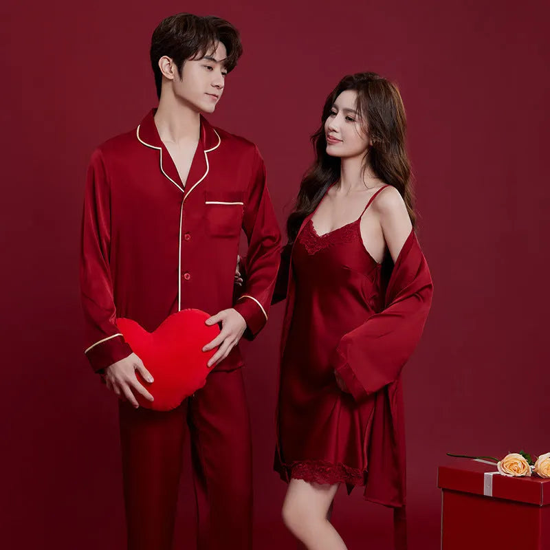 Red ice silk wedding dowry pyjama set for men and women showing long sleeves and trouser design