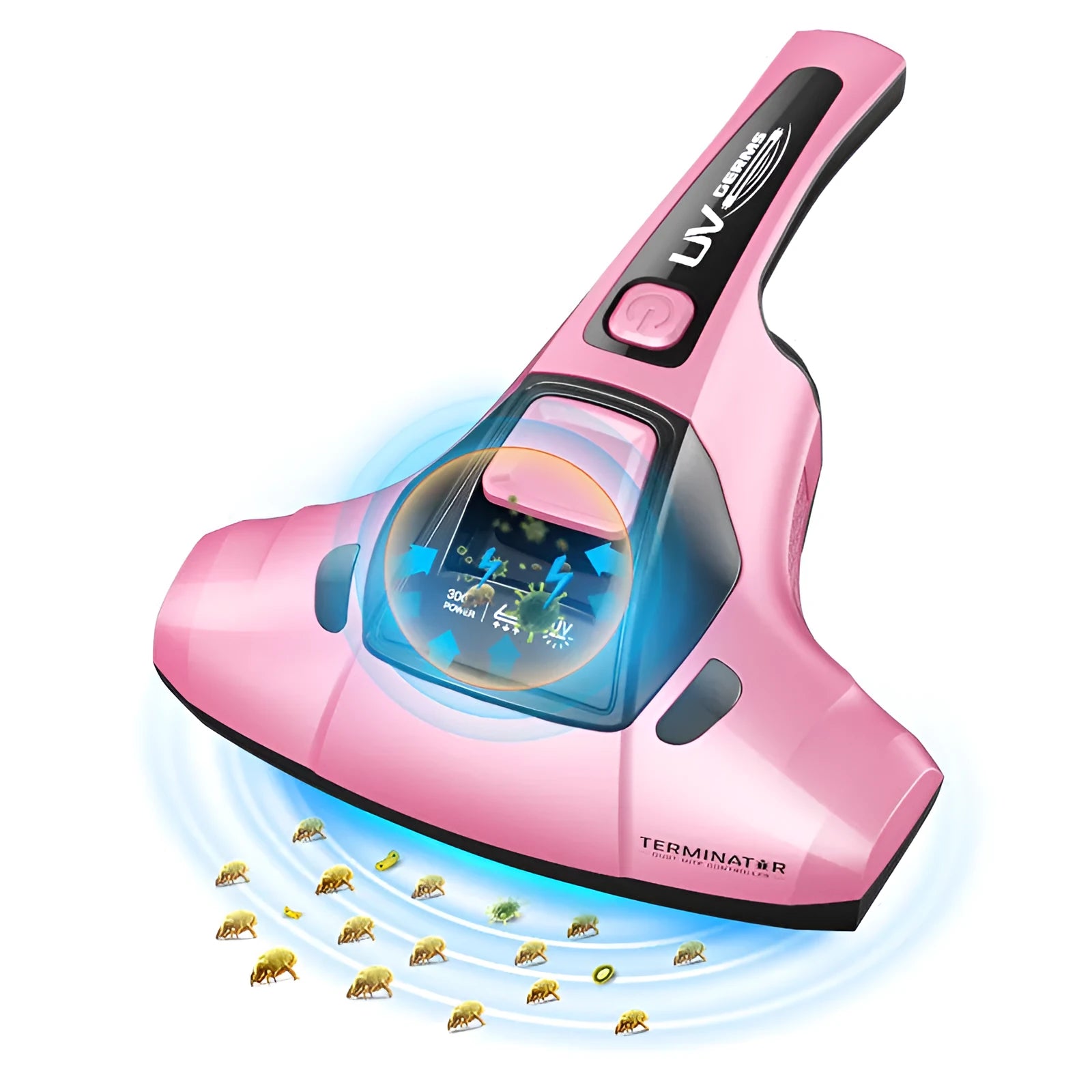 Pink handheld vacuum cleaner for mite removal with dust collection chamber and power cord