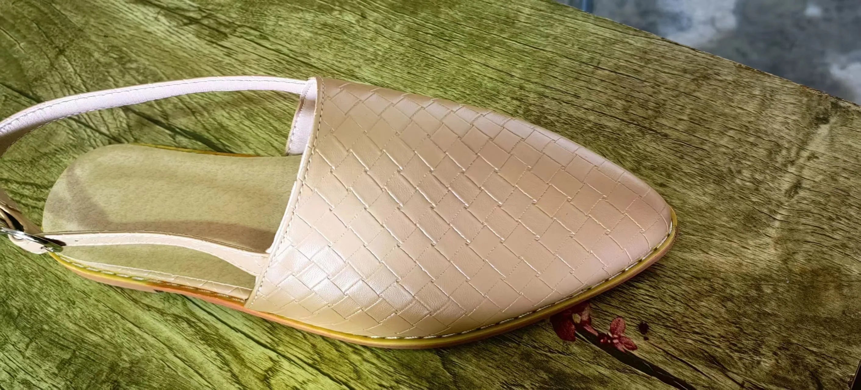 Pointed-toe flat casual sandals with a buckle strap on a microfiber upper and rubber sole.