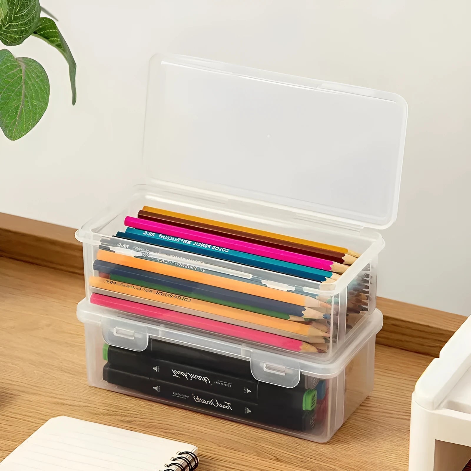 PP plastic transparent stationery storage box showing capacity for pencils and art supplies